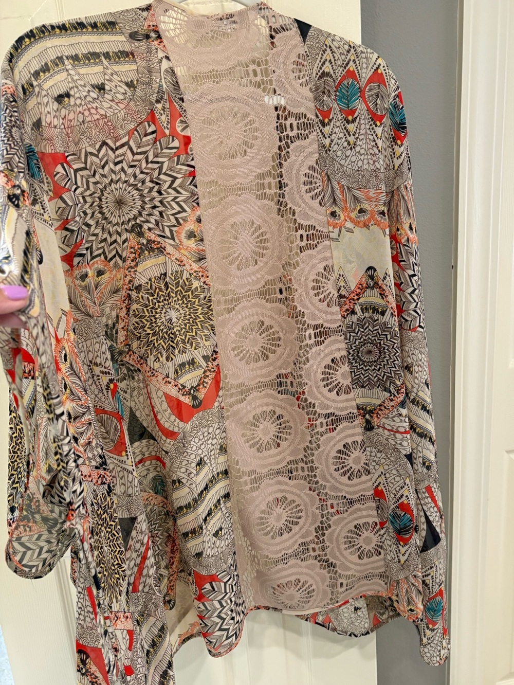 Southwestern Design Cato Open-Front Kimono in Neutral, Coral, Brown, Turquoise - Picture 4 of 7